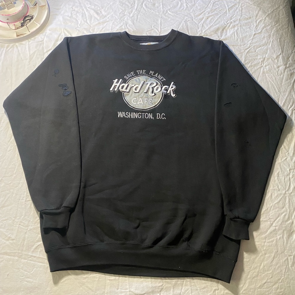 Vintage 90s embroidered Hard Rock casino distressed black Crewneck sweater